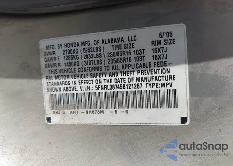 2005 Honda Odyssey Ex-L from USA, damaged, VIN 5FNRL38745B121267
